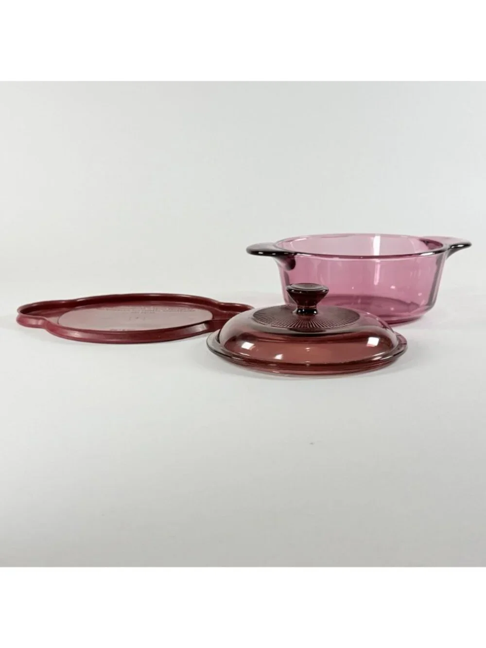 Visions Cranberry Glass 1 Qt Casserole Dish With Lid & Plastic Cover 1174